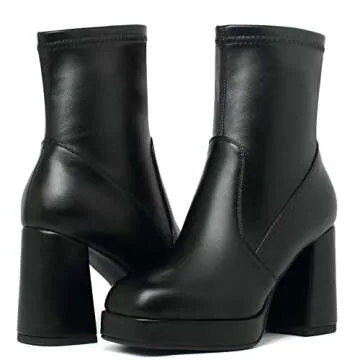 Agodor Women's Square Toe Block Heel Boots Chunky High Heel Side Zipper Ankle Boots (US7, black)