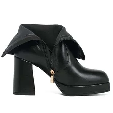 Agodor Women's Square Toe Block Heel Boots Chunky High Heel Side Zipper Ankle Boots (US7, black)