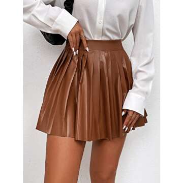 Floerns Women's PU Leather High Waisted Pleated Skirt Faux Leather Party Skater Mini Skirt Brown Plain Petite XS
