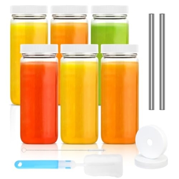 Luxfuel 16oz Glass Juicing Bottles Set - 6 Pack with Airtight Lids & Straws