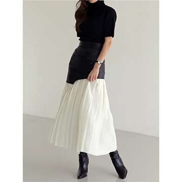 Women's Faux Leather Skirt Long Patchwork A-line Wrap Pleated PU Leather Midi Skirt Bodycon (Color : 50, Size : Small)