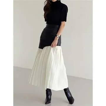 Women's Faux Leather Skirt Long Patchwork A-line Wrap Pleated PU Leather Midi Skirt Bodycon (Color :...