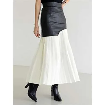 Women's Faux Leather Skirt Long Patchwork A-line Wrap Pleated PU Leather Midi Skirt Bodycon (Color : 50, Size : Small)