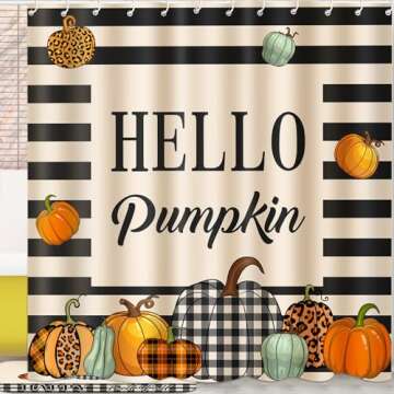 Preboun 4 Pcs Fall Pumpkin Shower Curtain Set 72 x 72 in Autumn Farmhouse Bathroom Curtain with 12 H...