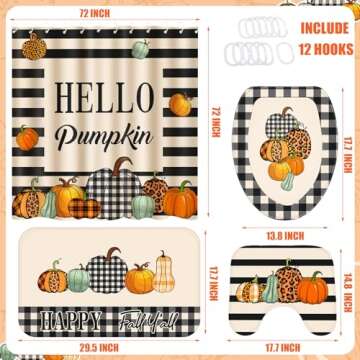 Preboun 4 Pcs Fall Pumpkin Shower Curtain Set 72 x 72 in Autumn Farmhouse Bathroom Curtain with 12 Hooks Non Slip Rug Toilet Lid Cover and Bath Waterproof Mat Thanksgiving Harvest Home Decor