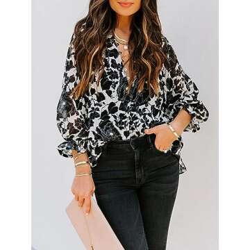 Aoudery Womens Casual Boho Floral Print V Neck Long Sleeve Blouses Button Down Shirts Dressy Chiffon Loose Ruffle Tops-Black Leaf XS