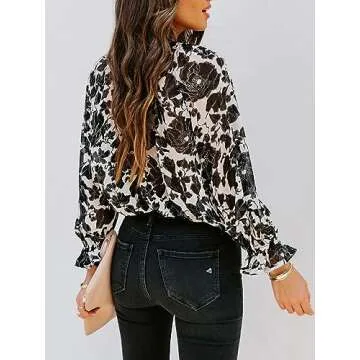 Aoudery Womens Casual Boho Floral Print V Neck Long Sleeve Blouses Button Down Shirts Dressy Chiffon Loose Ruffle Tops-Black Leaf XS