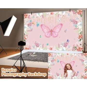Renaiss 5x4ft Butterfly Baby Shower Backdrop Elegant Pink Florals Photography Background for Girls P...