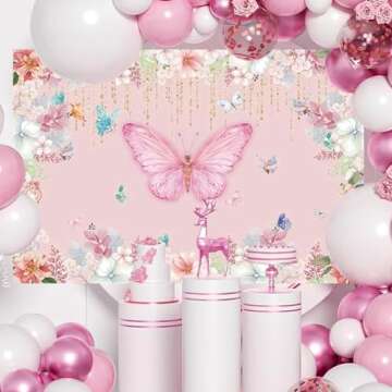 Renaiss 5x4ft Butterfly Baby Shower Backdrop Elegant Pink Florals Photography Background for Girls Princess Butterflies Theme Birthday Party Decorations Cake Table Banner Events Photo Booth Prop Vinyl