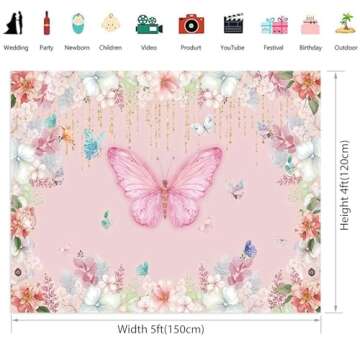 Renaiss 5x4ft Butterfly Baby Shower Backdrop Elegant Pink Florals Photography Background for Girls Princess Butterflies Theme Birthday Party Decorations Cake Table Banner Events Photo Booth Prop Vinyl