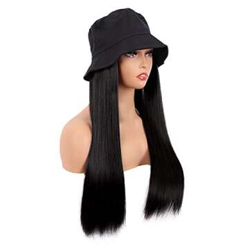 MapofBeauty 24 Inch /60 cm Fashion Women Hat Wig Long Straight Synthetic Heat Resistant Fiber Hairpieces Wig (Black)