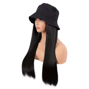 MapofBeauty 24 Inch /60 cm Fashion Women Hat Wig Long Straight Synthetic Heat Resistant Fiber Hairpieces Wig (Black)