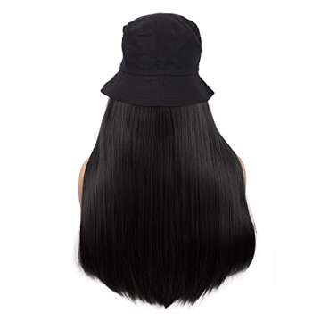MapofBeauty 24 Inch /60 cm Fashion Women Hat Wig Long Straight Synthetic Heat Resistant Fiber Hairpieces Wig (Black)