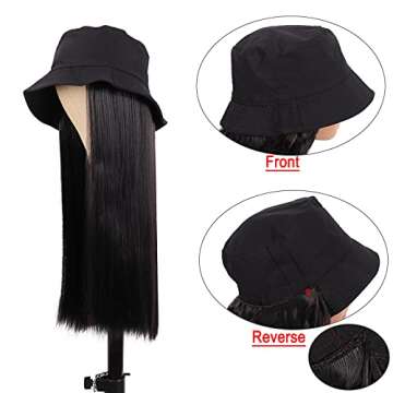 MapofBeauty 24 Inch /60 cm Fashion Women Hat Wig Long Straight Synthetic Heat Resistant Fiber Hairpieces Wig (Black)