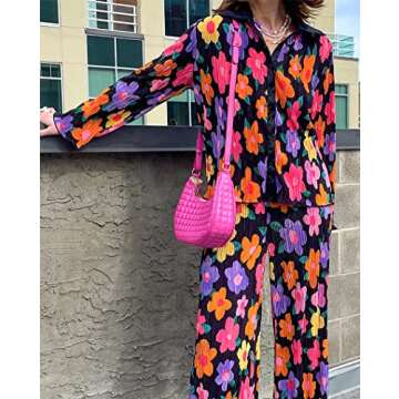 ABYOVRT Pleated 2 Piece Outfits for Women Long Sleeve Oversized Button Down Shirt Wide Leg Pants Set...