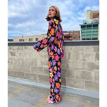 ABYOVRT Pleated 2 Piece Outfits for Women Long Sleeve Oversized Button Down Shirt Wide Leg Pants Sets Casual Loungewear (Colorful flower, Medium)