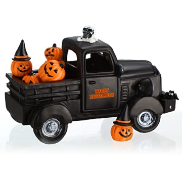 Charniol 8 Pcs Halloween Truck Miniatures Tiered Tray Decor Mini Pumpkin Skull Bat Figurine Fairy Haunted Decorations Set for Home Garden Accessories (Classic Style), Black, White and Yellow