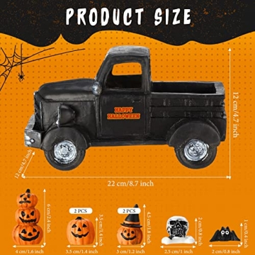 Charniol 8 Pcs Halloween Truck Miniatures Tiered Tray Decor Mini Pumpkin Skull Bat Figurine Fairy Haunted Decorations Set for Home Garden Accessories (Classic Style), Black, White and Yellow