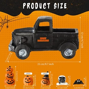 Charniol 8 Pcs Halloween Truck Miniatures Tiered Tray Decor Mini Pumpkin Skull Bat Figurine Fairy Haunted Decorations Set for Home Garden Accessories (Classic Style), Black, White and Yellow