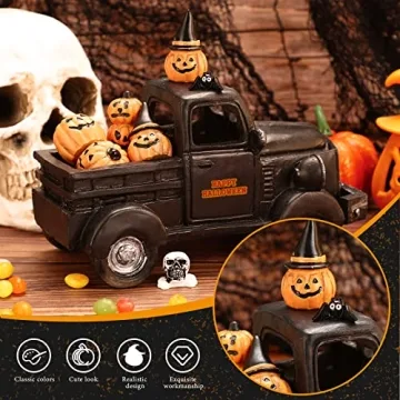 Charniol 8 Pcs Halloween Truck Miniatures Tiered Tray Decor Mini Pumpkin Skull Bat Figurine Fairy Haunted Decorations Set for Home Garden Accessories (Classic Style), Black, White and Yellow