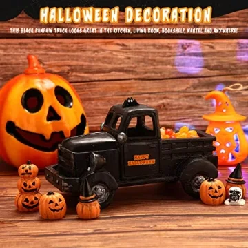 Charniol 8 Pcs Halloween Truck Miniatures Tiered Tray Decor Mini Pumpkin Skull Bat Figurine Fairy Haunted Decorations Set for Home Garden Accessories (Classic Style), Black, White and Yellow