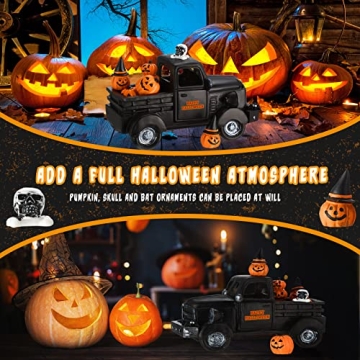 Charniol 8 Pcs Halloween Truck Miniatures Tiered Tray Decor Mini Pumpkin Skull Bat Figurine Fairy Haunted Decorations Set for Home Garden Accessories (Classic Style), Black, White and Yellow