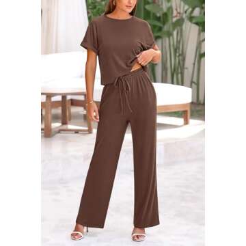 PRETTYGARDEN Women's Summer 2 Piece Knit Loungewear Short Sleeve T Shirts Wide Leg Pants Tracksuit Casual Outfits (Coffee,Small)