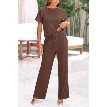 PRETTYGARDEN Women's Summer 2 Piece Knit Loungewear Short Sleeve T Shirts Wide Leg Pants Tracksuit Casual Outfits (Coffee,Small)
