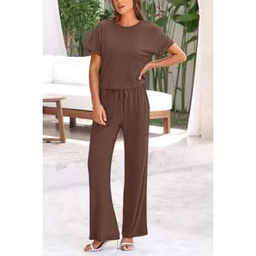 PRETTYGARDEN Women's Summer 2 Piece Knit Loungewear Short Sleeve T Shirts Wide Leg Pants Tracksuit Casual Outfits (Coffee,Small)