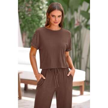 PRETTYGARDEN Women's Summer 2 Piece Knit Loungewear Short Sleeve T Shirts Wide Leg Pants Tracksuit Casual Outfits (Coffee,Small)