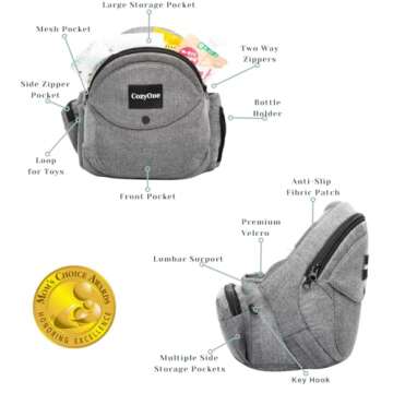 CozyOne-Mom's Choice Award Winner-CPC-Certified Baby Hip Carrier, Adjustable Waistband with Abdominal Support Design & Various Pockets for Newborns & Toddlers 8-44 lbs Carrier (Grey)