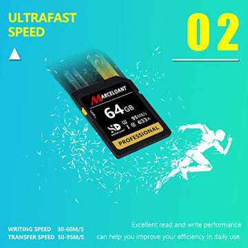 64GB Memory Card, Marceloant Professional 633 x Class 10 UHS-I U3 Memory Card for Computer Cameras and Camcorders, Memory Card Up to 95MB/s, Yellow/Black