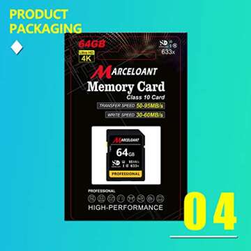 64GB Memory Card, Marceloant Professional 633 x Class 10 UHS-I U3 Memory Card for Computer Cameras and Camcorders, Memory Card Up to 95MB/s, Yellow/Black