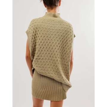 Bozanly Womens 2 Piece Sweater Set Mock Neck Cap Sleeve Knit Vest Split Mini Skirt Outfits