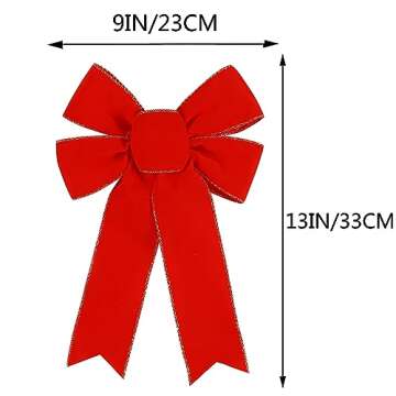 10 Pack Red Bows Christmas Tree Decorations,9”x13”Large Velvet Ornament Bow with Glitter Gold Ed...