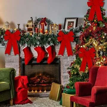 10 Pack Red Bows Christmas Tree Decorations,9”x13”Large Velvet Ornament Bow with Glitter Gold Edge for Xmas Home Wreath Fence Stairs Railing Fireplace Indoor Outdoor Front Door Decor