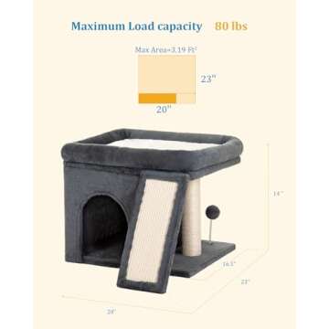 Aechonow Cat Tree Tower for Large Cat, 20 * 16.5 Inch Spacious Perch for Adult Cats, Big Condo Cave Bed for Indoor Kittens, Cat Toy and Scratching Post, Dark Gray