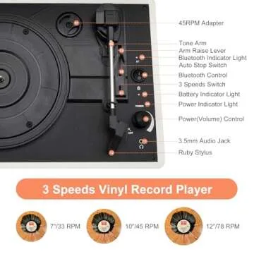 JORLAI White Stylish Record Player 3-Speed Portable Suitcase Turntable with Bluetooth, 3.5mm Audio Jack Vinyl Phonograph with Built-in Speakers/Battery 3.5mm Aux-in/RCA Line Out