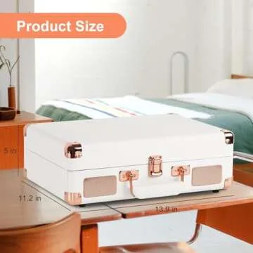 JORLAI White Stylish Record Player 3-Speed Portable Suitcase Turntable with Bluetooth, 3.5mm Audio Jack Vinyl Phonograph with Built-in Speakers/Battery 3.5mm Aux-in/RCA Line Out