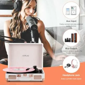 JORLAI White Stylish Record Player 3-Speed Portable Suitcase Turntable with Bluetooth, 3.5mm Audio Jack Vinyl Phonograph with Built-in Speakers/Battery 3.5mm Aux-in/RCA Line Out