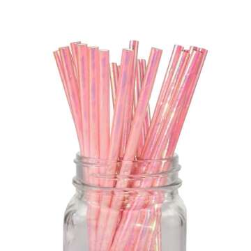 Foil Iridescent Pink Pearl Disposable Paper Paper Straws, Decorative Party Biodegradable Paper Straw Pack 100