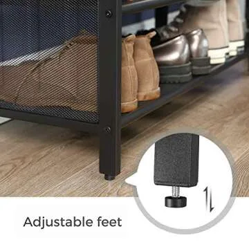 VASAGLE Padded Bench with Mesh Shelf, Shoe Rack, Metal Frame, Easy Assembly, Space Saving, Industrial, Imitation Leather, Hallway, Rustic Brown and Black ULBS75X