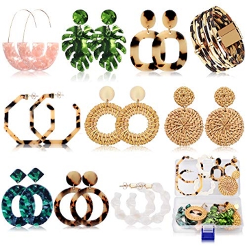 FIFATA 9 Pairs Boho Earrings Set - Stylish Rattan & Acrylic Jewelry for Women