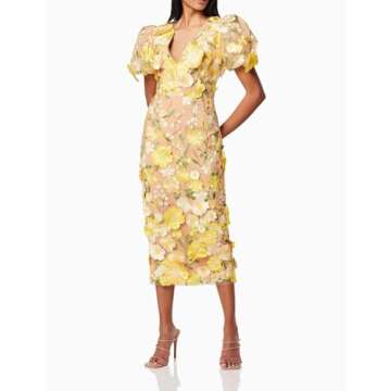 Women's 3D Floral Embroidery Dress Ruffle Sleeve Fishtail Lace Bodycon Party Cocktail Mini Dress (US, Alpha, Small, Regular, Regular, Yellow)