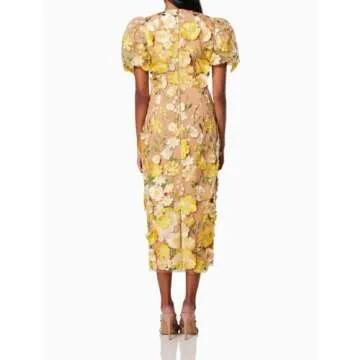 Women's 3D Floral Embroidery Dress Ruffle Sleeve Fishtail Lace Bodycon Party Cocktail Mini Dress (US, Alpha, Small, Regular, Regular, Yellow)