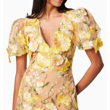 Women's 3D Floral Embroidery Dress Ruffle Sleeve Fishtail Lace Bodycon Party Cocktail Mini Dress (US, Alpha, Small, Regular, Regular, Yellow)