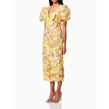 Women's 3D Floral Embroidery Dress Ruffle Sleeve Fishtail Lace Bodycon Party Cocktail Mini Dress (US, Alpha, Small, Regular, Regular, Yellow)