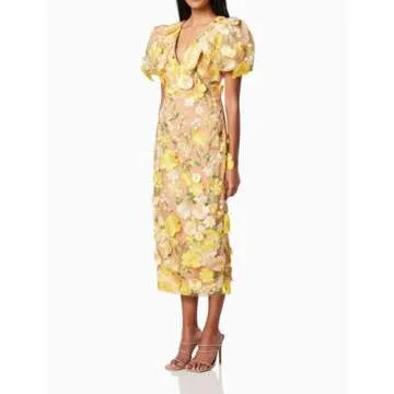 Women's 3D Floral Embroidery Dress Ruffle Sleeve Fishtail Lace Bodycon Party Cocktail Mini Dress (US, Alpha, Small, Regular, Regular, Yellow)