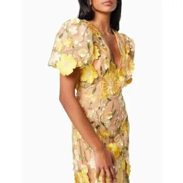 Women's 3D Floral Embroidery Dress Ruffle Sleeve Fishtail Lace Bodycon Party Cocktail Mini Dress (US, Alpha, Small, Regular, Regular, Yellow)