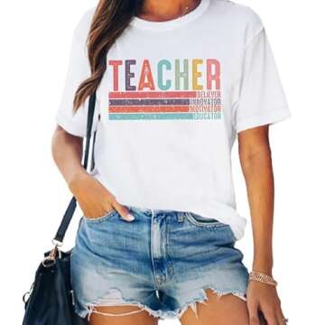 CQF Women Teacher Shirt Teacher Life Printed T-Shirt Casual Back to School Tee Tops White